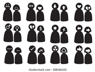 Vector illustration for differences in man's and woman's thinking. Conceptual icon set.