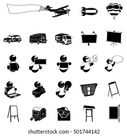 Vector illustration of different advertising black icons isolated on white background.
