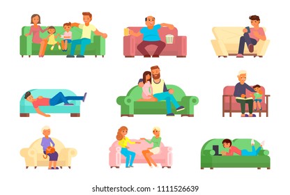 Vector Illustration Of Different Age People Men, Women, Girls, Boys, Couple, Mature People, Family Watching Tv, Taking Rest With Phone, Laptop While Sitting Or Lying On Sofa. Flat Style Design.