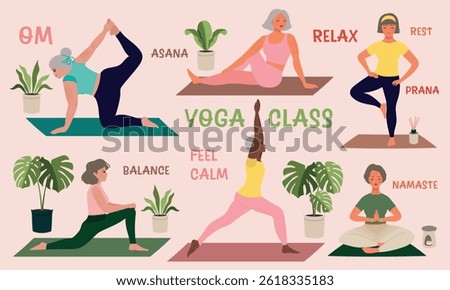 Vector illustration of different aged women doing yoga exercises with plants and yoga text around