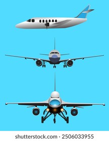 Vector illustration of different airplanes for fast travel transportation business.