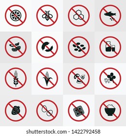 vector illustration of different allergen foods with restriction sign for special diet and warning icons