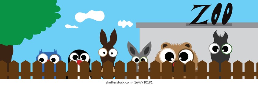 Vector illustration of different animals face behind the fence. Symbol of curious and zoo.