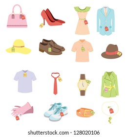 A vector illustration of different apparel product with sale tags