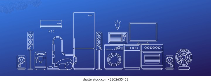 Vector illustration of different appliance on blue background. White line art style appliance collection design with vacuum cleaner, washing machine, refrigerator for web, site, banner, print, poster