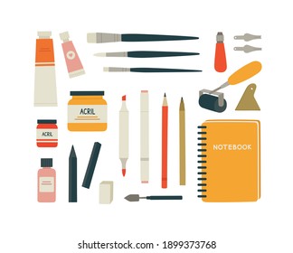 Vector illustration of different art supplies for drawing and painting. Lino cutter, rubber roller, painting brushes, tubes, crayons, pencils, acrylic paint, palette knife, sketchbook, felt-tip pen.