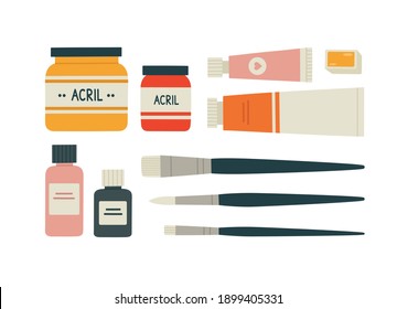 Vector illustration of different art supplies for painting. Watercolor paint, painting brushes, tubes, acrylic paint. Hand-drawn set isolated on white background.