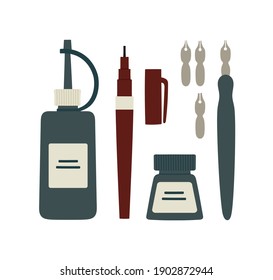 Vector illustration of different art supplies for ink drawing. Ink, pen, rapidograph. Suitable for art tools shops, art courses. Hand-drawn set isolated on white background.