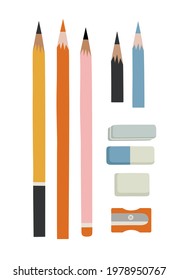Vector illustration of different art supplies for drawing. Pencils, eraser, pencil sharpener. Suitable for art tools shops, art courses. Hand-drawn set, isolated on white background. Stationery.