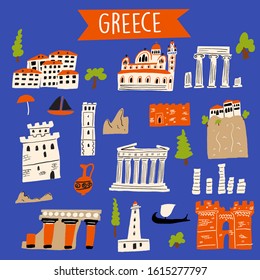 Vector illustration of different attractions and landmarks of Greece.