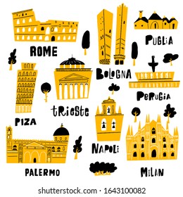 Vector illustration of different attractions and landmarks of Italy. Lettering.