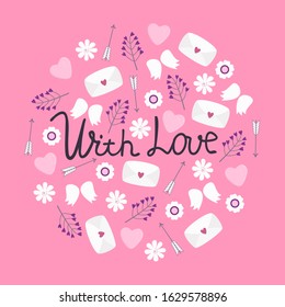Vector illustration with different attributes Valentine's day and inscription With Love. For invitations, Valentine or wedding greeting cards, template for poster, banner, decoration design, print.