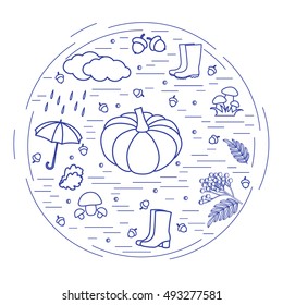 Vector illustration of different autumn seasonal symbols arranged in a circle. Autumn elements made in line style. 