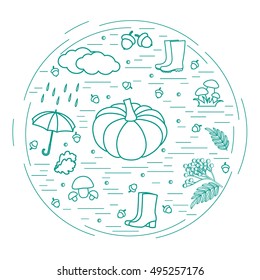 Vector illustration of different autumn seasonal symbols arranged in a circle. Autumn elements made in line style. 