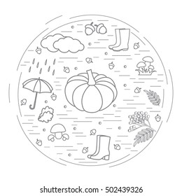 Vector illustration of different autumn seasonal symbols arranged in a circle. Autumn elements made in line style. 