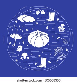 Vector illustration of different autumn seasonal symbols arranged in a circle. 