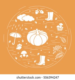 Vector illustration of different autumn seasonal symbols arranged in a circle. 