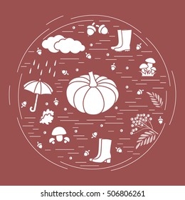 Vector illustration of different autumn seasonal symbols arranged in a circle. 