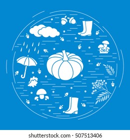 Vector illustration of different autumn seasonal symbols arranged in a circle. 