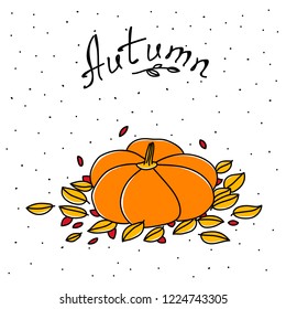 Vector illustration with different autumn still life. Autumn mood picture on dot background with lettering