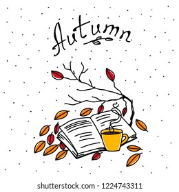 Vector illustration with different autumn still life. Autumn mood picture on dot background with lettering