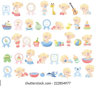 Vector illustration of different babies and kid's accessories 