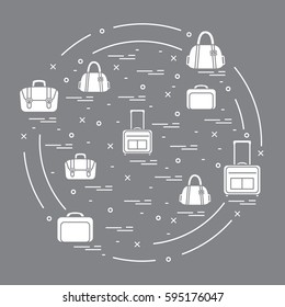 Vector illustration with different bag and suitcases for travel arranged in a circle. Summer time, vacation. Design for banner, poster or print.