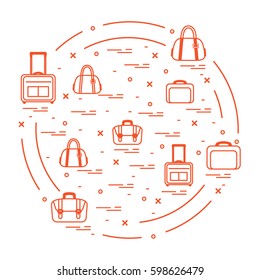 Vector illustration with different bag and suitcases for travel arranged in a circle. Summer time, vacation. Design for banner, poster or print.