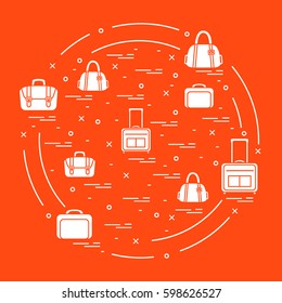 Vector illustration with different bag and suitcases for travel arranged in a circle. Summer time, vacation. Design for banner, poster or print.