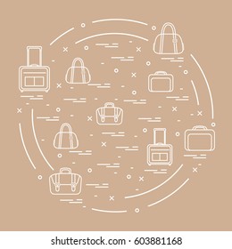 Vector illustration with different bag and suitcases for travel arranged in a circle. Summer time, vacation. Design for banner, poster or print.