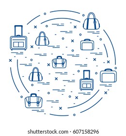 Vector illustration with different bag and suitcases for travel arranged in a circle. Summer time, vacation. Design for banner, poster or print.