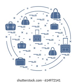 Vector illustration with different bag and suitcases for travel arranged in a circle. Summer time, vacation. Design for banner, poster or print.