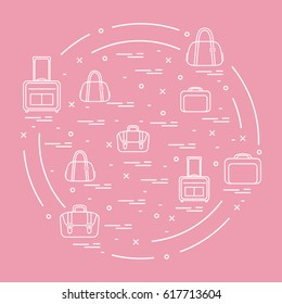 Vector illustration with different bag and suitcases for travel arranged in a circle. Summer time, vacation. Design for banner, poster or print.