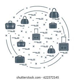 Vector illustration with different bag and suitcases for travel arranged in a circle. Summer time, vacation. Design for banner, poster or print.