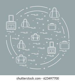 Vector illustration with different bag and suitcases for travel arranged in a circle. Summer time, vacation. Design for banner, poster or print.