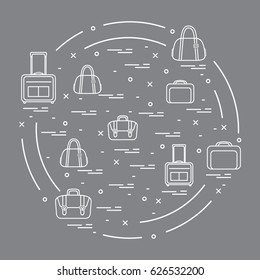 Vector illustration with different bag and suitcases for travel arranged in a circle. Summer time, vacation. Design for banner, poster or print.