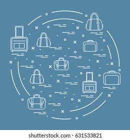 Vector illustration with different bag and suitcases for travel arranged in a circle. Summer time, vacation. Design for banner, poster or print.