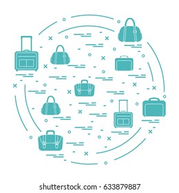 Vector illustration with different bag and suitcases for travel arranged in a circle. Summer time, vacation. Design for banner, poster or print.