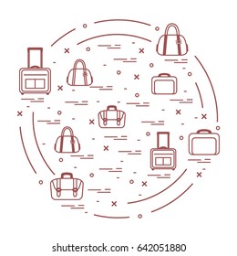 Vector illustration with different bag and suitcases for travel arranged in a circle. Summer time, vacation. Design for banner, poster or print.