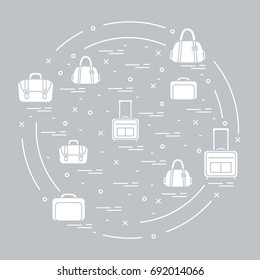 Vector illustration with different bag and suitcases for travel arranged in a circle. Summer time, vacation. Design for banner, poster or print.