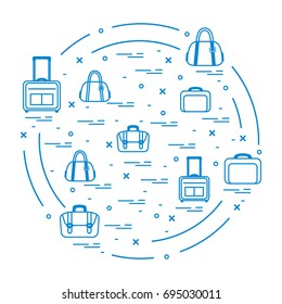 Vector illustration with different bag and suitcases for travel arranged in a circle. Summer time, vacation. Design for banner, poster or print.