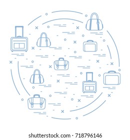 Vector illustration with different bag and suitcases for travel arranged in a circle. Summer time, vacation. Design for banner, poster or print.