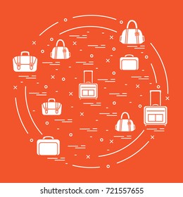 Vector illustration with different bag and suitcases for travel arranged in a circle. Summer time, vacation. Design for banner, poster or print.