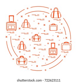 Vector illustration with different bag and suitcases for travel arranged in a circle. Summer time, vacation. Design for banner, poster or print.