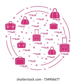 Vector illustration with different bag and suitcases for travel arranged in a circle. Vacation. Design for banner, poster or print.