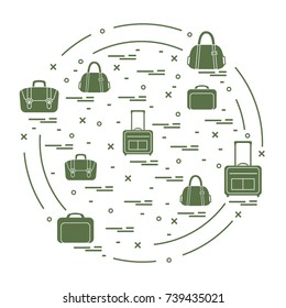 Vector illustration with different bag and suitcases for travel arranged in a circle. Summer time, vacation. Design for banner, poster or print.
