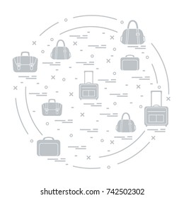 Vector illustration with different bag and suitcases for travel arranged in a circle. Summer time, vacation. Design for banner, poster or print.