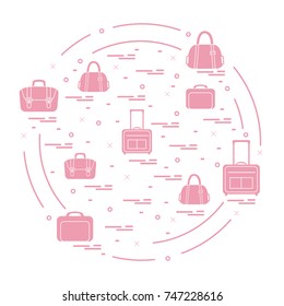 Vector illustration with different bag and suitcases for travel arranged in a circle. Summer time, vacation. Design for banner, poster or print.