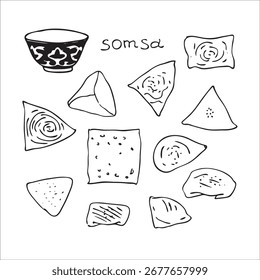 Ilustração vetorial de diferentes samosas ou somsa assadas, samsa 