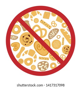 vector illustration of different bakery goods with restriction sign for gluten free and low carbs diet concept